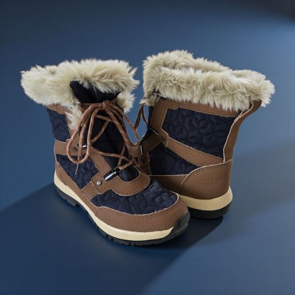 Ladies 7 Bearpaw Marina Snow Boots Waterproof Quilted Navy BRN Leather Faux Fur - Picture 6 of 13